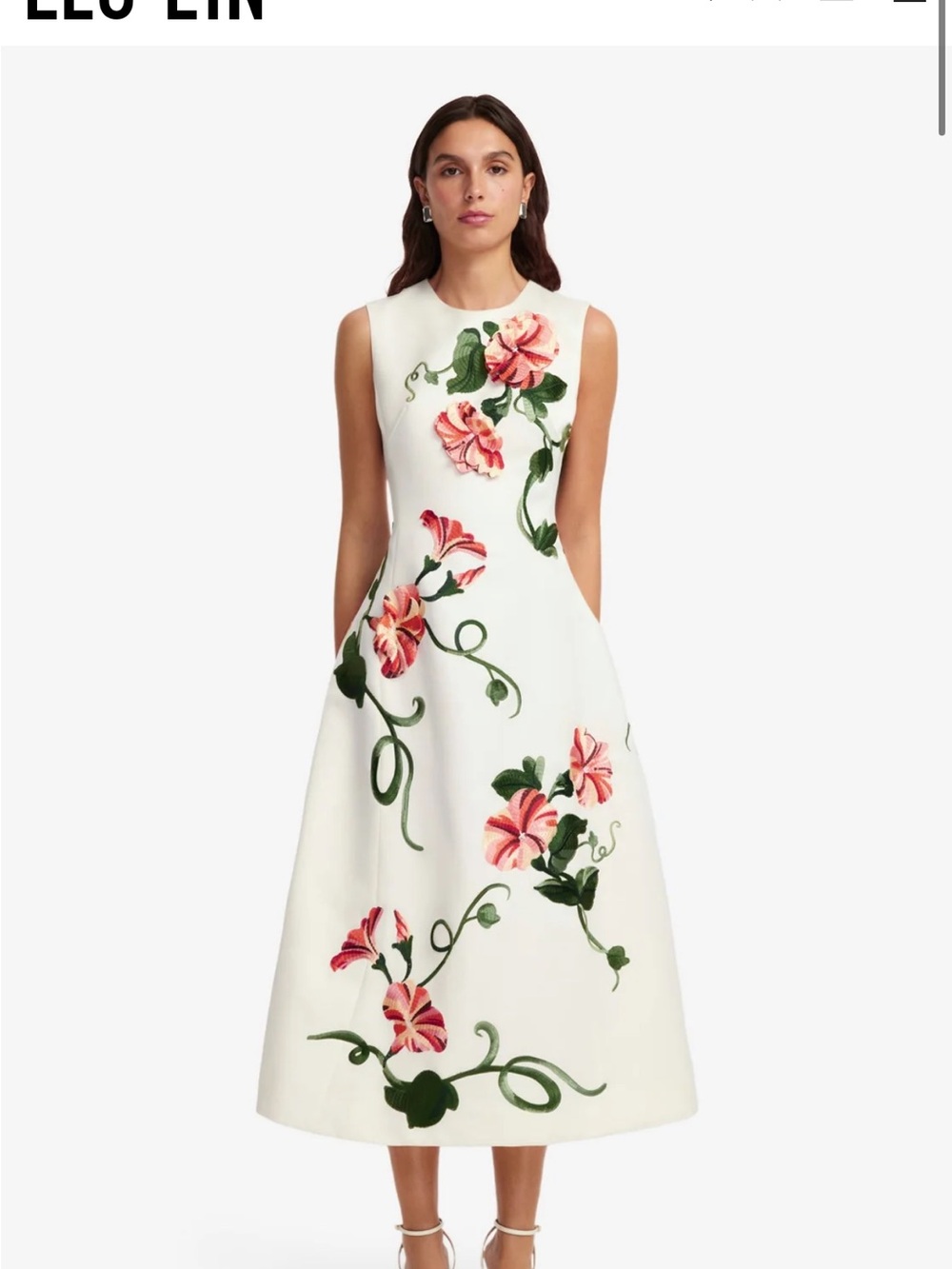 Sleeveless White Midi Dress with Pink Floral Embroidery
